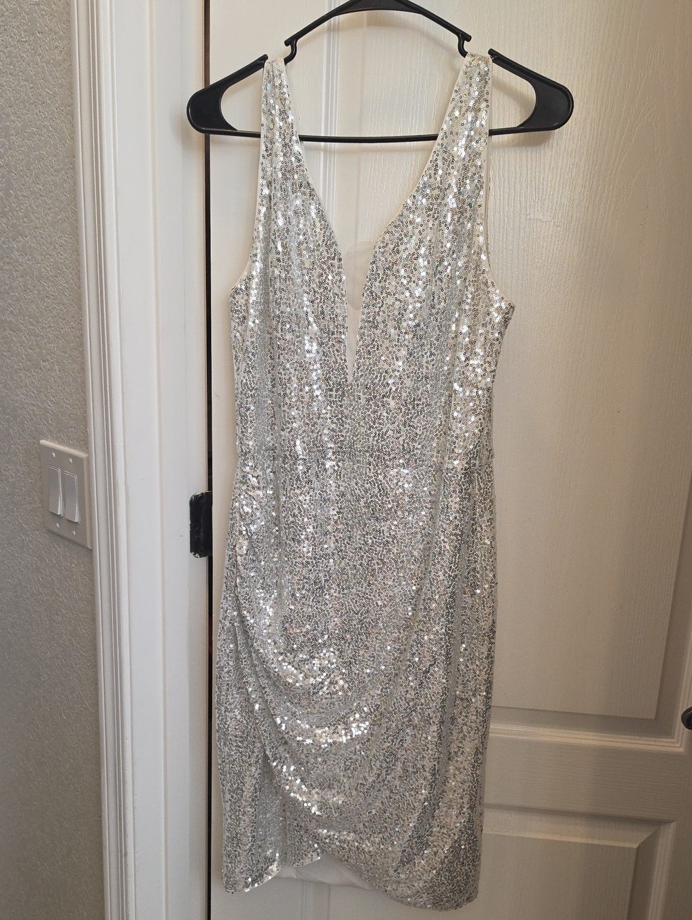 Grace Karin Silver Sequin Plunge High-Low Cocktail Dress